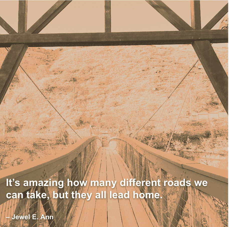 quote on traveling - "It’s amazing how many different roads we can take, but they all lead home." – Jewel E. Ann